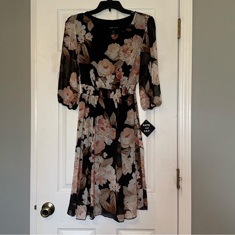 Black Floral Midi Dress with Pink Blooms